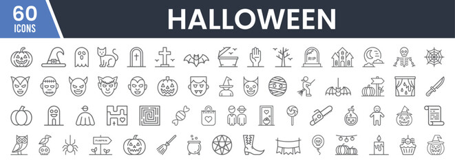 Set of 60 Line Icons Related to Halloween, Spooky Decorations, Horror Symbols, Jack-O'-Lanterns, Witch Hats, Ghosts, Tombstones, Bats, and Haunted Themes, Editable Stroke. Vector Illustration