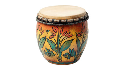 Handmade ceramic drum with painted surface Transparent background, PNG file