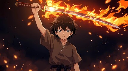 Flaming Samurai Anime Boy Illustration Art