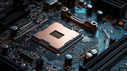 A close-up of a computer motherboard with a gold-colored CPU at the center, surrounded by various electronic components and connectors.