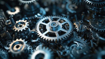 A close-up of a mechanical gear assembly with a metallic sheen, featuring a central hub and multiple interconnected gears, set against a dark, industrial background.