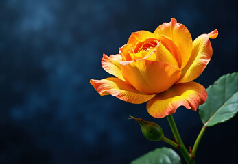 Single Orange Rose with Dark Blue Background