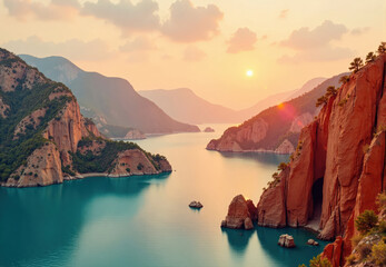 Sunset Over a Turquoise Lake and Mountainous Landscape