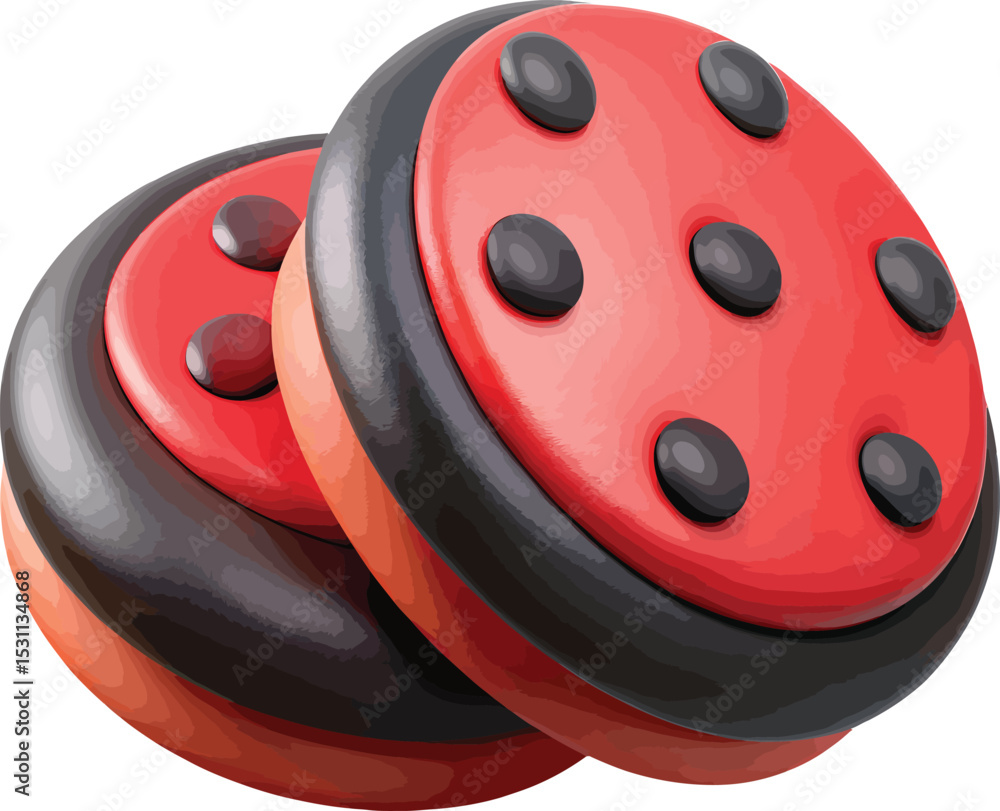 Poster a 3d rendering of two ladybug-shaped objects stacked on top of each other, showcasing a vibrant red 
