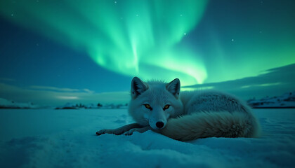 A majestic arctic fox resting under the vibrant aurora borealis display