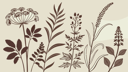 Elegant Botanical Design Featuring Dark Brown Floral Silhouettes on a Light Beige Background Perfect for Logos and Branding