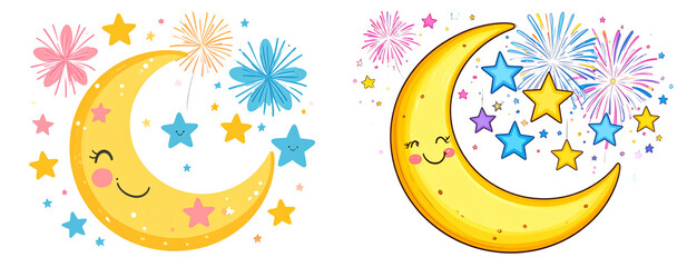  Children’s Dream Night Sky with Cartoon Moon, Rainbow Stars and Confetti Fireworks Transparent Background PNG