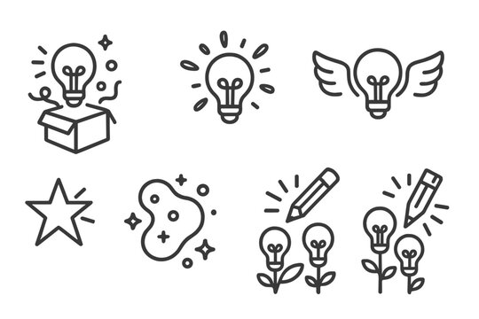 Creativity Line Icons. Line style icons of creativity: playful concept icon, light idea splash, creative wings, inspiring element,
