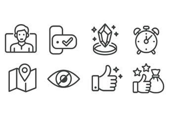 Quest Line Icons. Line style icons of quests: character storyline icon, quest tracker toggle, location discovery icon, magical
