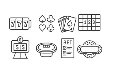 Casino Line Icons. Line style icons of casino: slot reels, playing card suits, royal flush, roulette numbers grid, high stakes