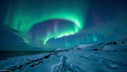Naklejka premium Spectacular view of the aurora borealis dancing over a snowy landscape