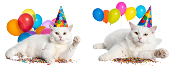  Chubby cat lying on its back with cake crumbs and birthday hat slightly tilted Transparent Background PNG