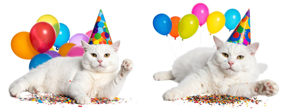  Chubby cat lying on its back with cake crumbs and birthday hat slightly tilted Transparent Background PNG