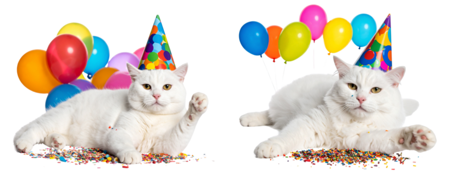 Chubby cat lying on its back with cake crumbs and birthday hat slightly tilted Transparent Background PNG - Powered by Adobe