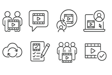 Video Editing Icons. Line style icons of video editing: collaborative edit, comment bubble, version history, remote editor, cloud
