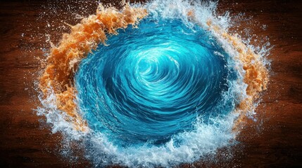 Captivating Blue Water Vortex with Orange Fluid Splash Against Brown Texture
