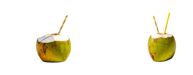 Close-up of cracked coconut with straw on tropical sandy beach Transparent Background PNG