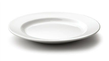 A clean, empty white ceramic plate with a slightly raised rim, shown on a white background.