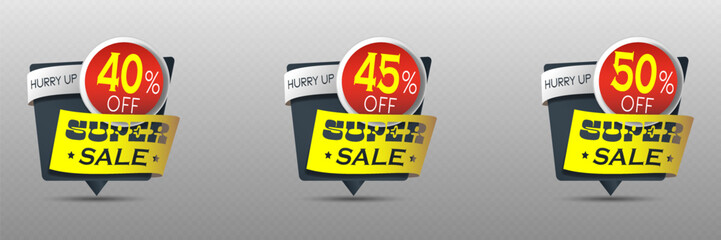 Super sale discount badges with 40%, 45%, and 50% off in red, yellow, and black.