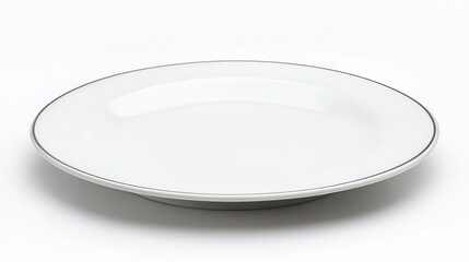 A simple white ceramic plate with a thin silver rim, shown against a plain white background.