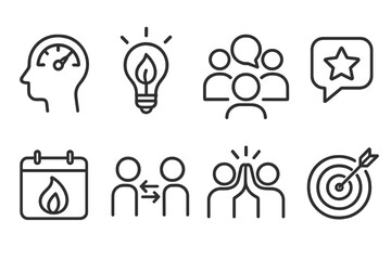 Learner Engagement Icons. Line style icons of learner engagement: focus meter, motivation spark, social interaction, feedback