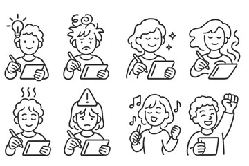 Digital Artist Emotions. Line style icons of digital artist emotions: inspiration spark, frustration icon, satisfaction smile,