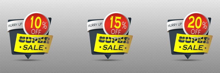 Super sale discount badges with 10%, 15%, and 20% off in red, yellow, and black.