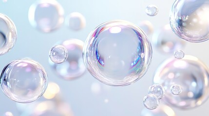 Transparent bubbles floating on a light pastel background with subtle reflections and soft focus effects.