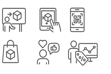 AR Marketing Icons. Line style icons of AR marketing: interactive billboard, product demo, QR code scan, virtual try-on, brand