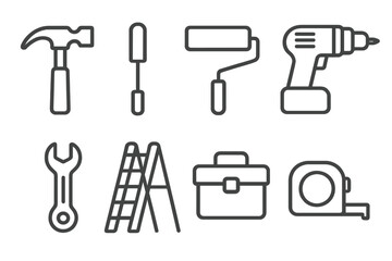 DIY Tools Icons. Line style icons of home DIY projects: hammer, screwdriver, paint roller, drill, wrench, ladder, toolbox,
