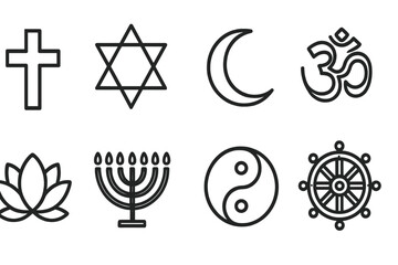 Religious Symbol Icons. Line style icons for religious symbols: cross, star of David, crescent moon, Om symbol, lotus flower,