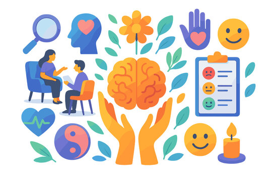 Mental Health Symbols. Colorful vector composition of mental health awareness, brain icon bursting into support hands, therapy