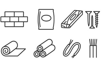 Construction Material Icons. Line style icons for construction materials: bricks, cement bag, wood plank, nails, screws,