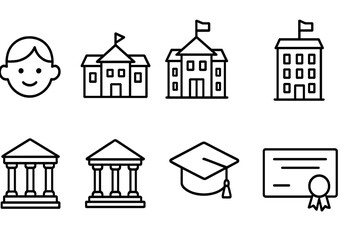 Education Level Icons. Line style icons for education levels: preschool, elementary, middle school, high school, college,