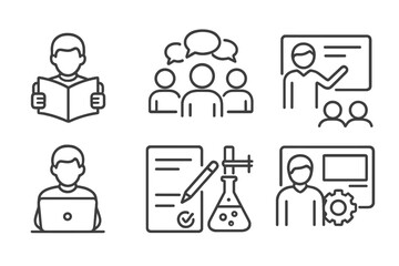 Student Activity Icons. Line style icons for student activities: reading, writing, group discussion, presentation, homework, test,