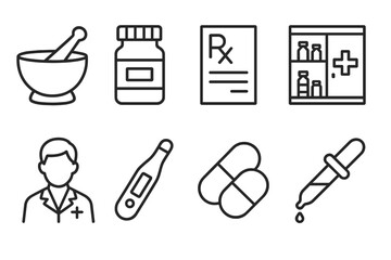 Pharmacy Line Icons. Line style icons for pharmacy: mortar and pestle, pill bottle, prescription, medicine cabinet, pharmacist,