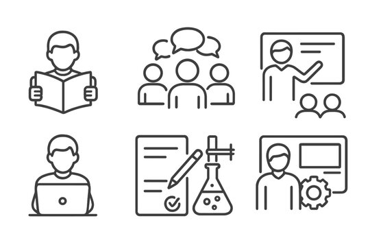 Student Activity Icons. Line style icons for student activities: reading, writing, group discussion, presentation, homework, test,