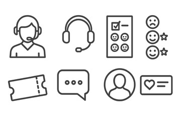 Customer Relations Icons. Line style icons for customer relations: customer support, headset, feedback form, satisfaction rating,