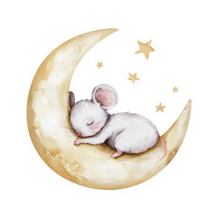 Little sleeping mouse on moon among stars. Cute watercolor illustration of stylized animal with closed eyes and head lying on paws. Isolated clipart with clear even edge on transparent background