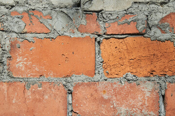 A detailed close-up of an old, weathered brick wall with mortar.
