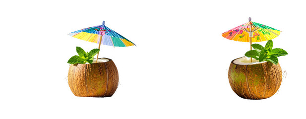 Coconut with tropical cocktail umbrella and mint leaves Transparent Background PNG