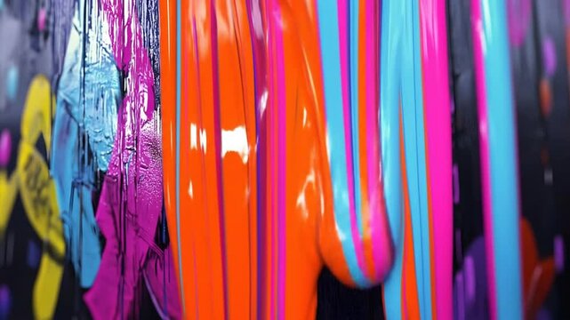 Dripping, colorful paint streams cascade down a dark surface.  Close-up view of vibrant hues