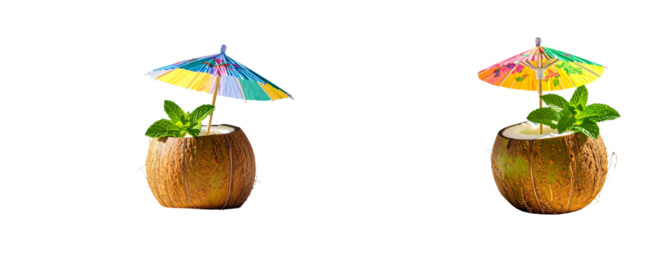Coconut with tropical cocktail umbrella and mint leaves Transparent Background PNG