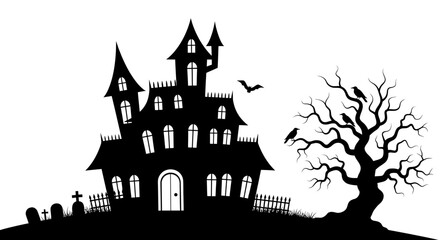 Halloween Haunted House Silhouette with Birds and Trees