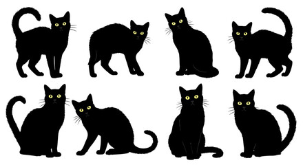 Collection of Black Cat Silhouettes with Yellow Eyes in Various Poses