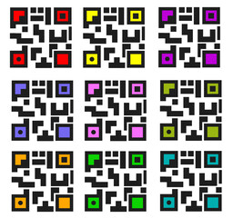 Nine multi-color QR code dummy icon designs used in on  printing cards for inserting purpose  EPS Vector format
