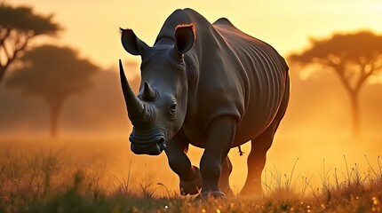 A majestic rhino walks through the early morning haze on the savanna, its massive form catching the first golden rays of sunlight.