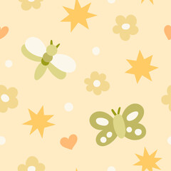 Seamless vector pattern with flowers, moths and butterflies. Cute hand drawn illustration. Modern folk repeat texture for fashion print, wallpaper or fabric.

