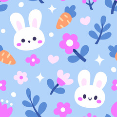 Easter seamless vector pattern with cute bunnies, eggs and floral elements.