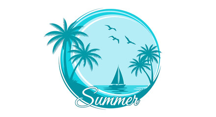 Teal Summer Seascape with Palm Trees and Sailboat